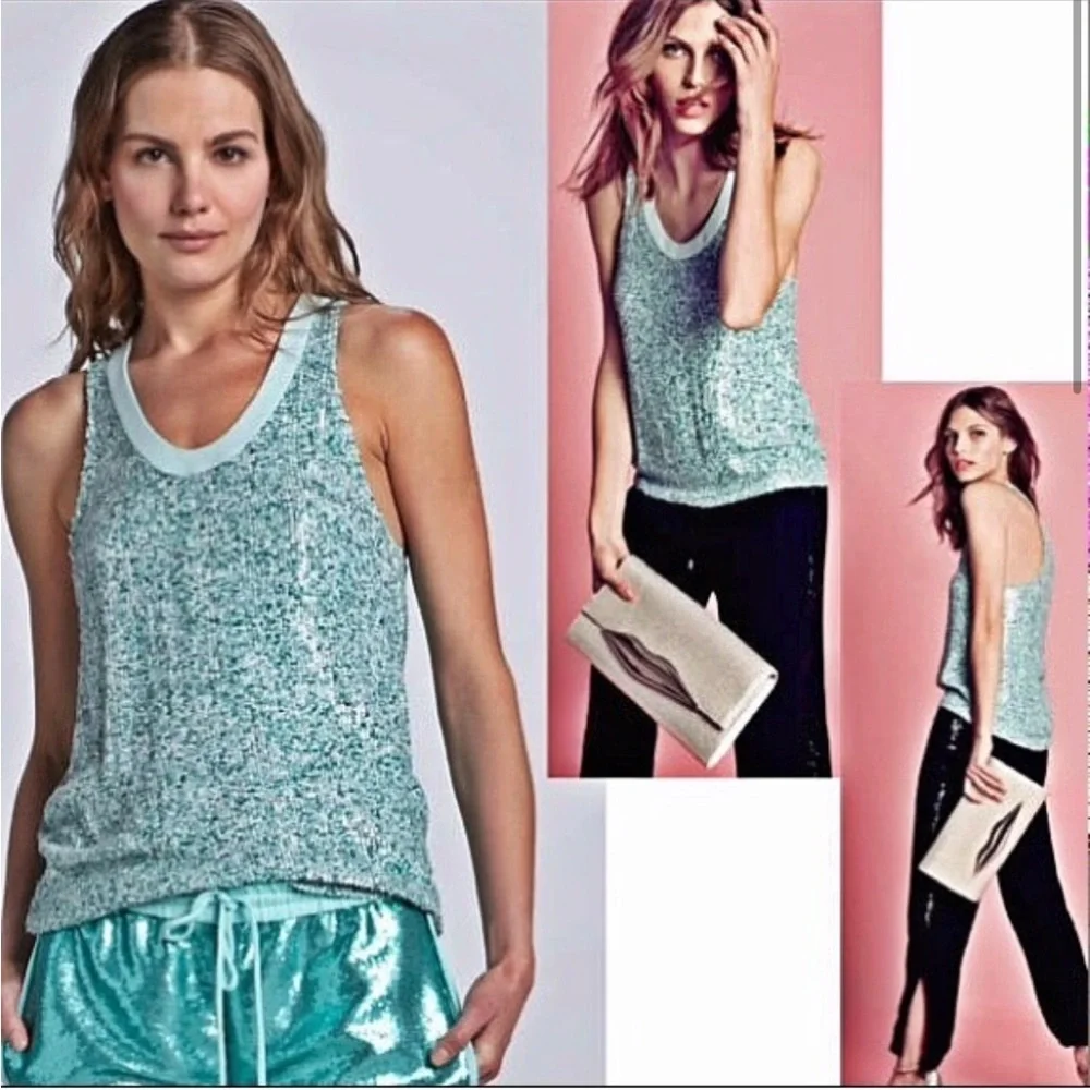 Diane Von Furstenberg Emilia Turquoise & Green Silk Marble Sequin Tank - Picture 2 of 16